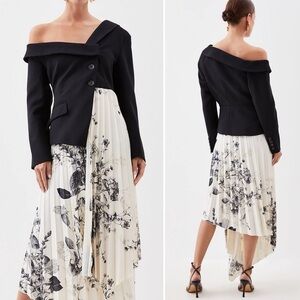 Pleated Black & Cream Asymmetrical Floral unique formal dress long sleeve